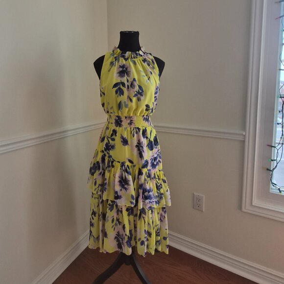 Eliza J Dresses & Skirts - Eliza J Yellow Chiffon Dress with Blue Floral Print, Size 6